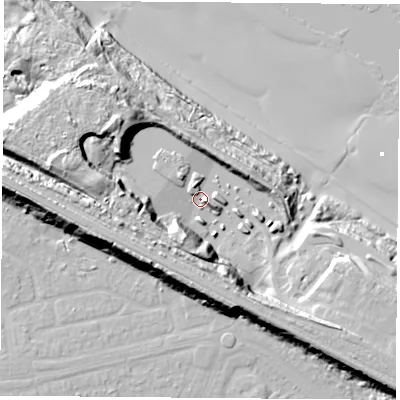 Shaded relief map of the ground around TS240AN, computed from Environment Agency LiDAR. The ground here sits at about 9 m above sea level and falls 28 m across the surrounding 800 m. Surface water reaching this point runs off ground lying to the west, 17.1 m higher.