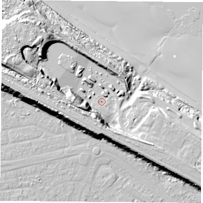 Shaded relief map of the ground around TS240AQ, computed from Environment Agency LiDAR. The ground here sits at about 9 m above sea level and falls 28 m across the surrounding 800 m. Surface water reaching this point runs off ground lying to the west-north-west, 17.1 m higher.