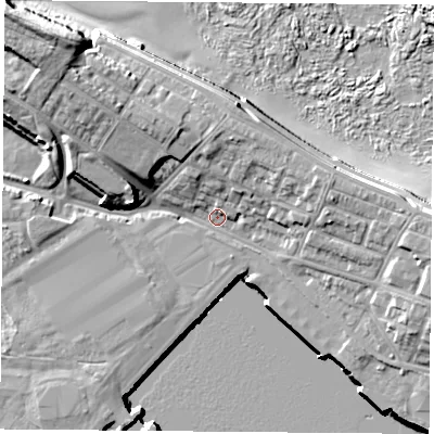 Shaded relief map of the ground around TS240EQ, computed from Environment Agency LiDAR. The ground here sits at about 5 m above sea level and falls 20 m across the surrounding 800 m. Surface water reaching this point runs off ground lying to the east, 6.2 m higher.