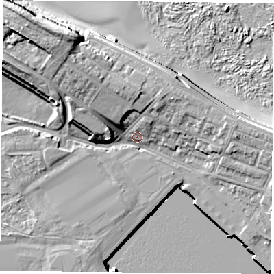 Shaded relief map of the ground around TS240HH, computed from Environment Agency LiDAR. The ground here sits at about 5 m above sea level and falls 20 m across the surrounding 800 m. Surface water reaching this point runs off ground lying to the north-west, 13.4 m higher.