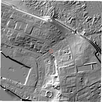 Shaded relief map of the ground around TS240HR, computed from Environment Agency LiDAR. The ground here sits at about 8 m above sea level and falls 17 m across the surrounding 800 m. Surface water reaching this point runs off ground lying to the south-east, 6.4 m higher.