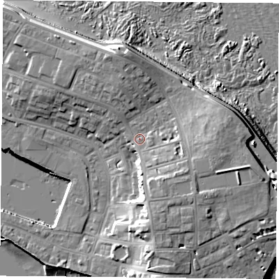 Shaded relief map of the ground around TS240HS, computed from Environment Agency LiDAR. The ground here sits at about 9 m above sea level and falls 17 m across the surrounding 800 m. Surface water reaching this point runs off ground lying to the south-south-east, 5.1 m higher.