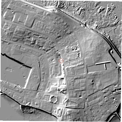 Shaded relief map of the ground around TS240HT, computed from Environment Agency LiDAR. The ground here sits at about 8 m above sea level and falls 17 m across the surrounding 800 m. Surface water reaching this point runs off ground lying to the east-south-east, 8.0 m higher.