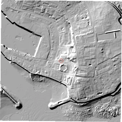 Shaded relief map of the ground around TS240JD, computed from Environment Agency LiDAR. The ground here sits at about 7 m above sea level and falls 17 m across the surrounding 800 m. Surface water reaching this point runs off ground lying to the east, 8.3 m higher.