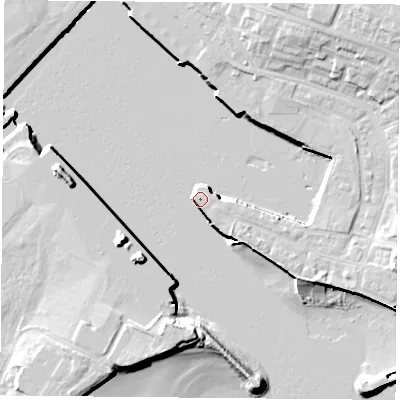 Shaded relief map of the ground around TS240JH, computed from Environment Agency LiDAR. The ground here sits at about 4 m above sea level and falls 15 m across the surrounding 800 m. Surface water reaching this point runs off ground lying to the south, 11.6 m higher.