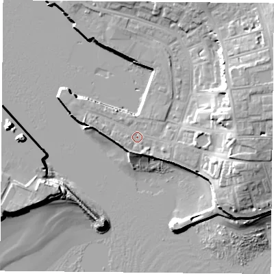 Shaded relief map of the ground around TS240JJ, computed from Environment Agency LiDAR. The ground here sits at about 4 m above sea level and falls 16 m across the surrounding 800 m. Surface water reaching this point runs off ground lying to the east, 10.5 m higher.