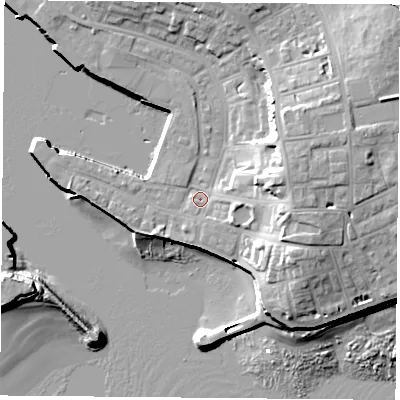 Shaded relief map of the ground around TS240JN, computed from Environment Agency LiDAR. The ground here sits at about 4 m above sea level and falls 17 m across the surrounding 800 m. Surface water reaching this point runs off ground lying to the east-north-east, 10.2 m higher.