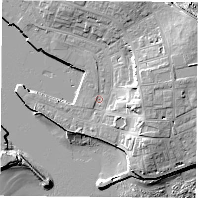 Shaded relief map of the ground around TS240JP, computed from Environment Agency LiDAR. The ground here sits at about 4 m above sea level and falls 17 m across the surrounding 800 m. Surface water reaching this point runs off ground lying to the east, 10.2 m higher.