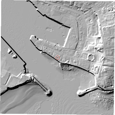 Shaded relief map of the ground around TS240JQ, computed from Environment Agency LiDAR. The ground here sits at about 4 m above sea level and falls 16 m across the surrounding 800 m. The ground contributing surface water to this point lies to the north-east.