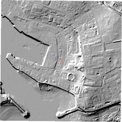 Shaded relief map of the ground around TS240JR, computed from Environment Agency LiDAR. The ground here sits at about 4 m above sea level and falls 17 m across the surrounding 800 m. Surface water reaching this point runs off ground lying to the east-south-east, 10.2 m higher.