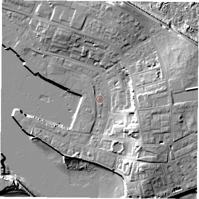 Shaded relief map of the ground around TS240JS, computed from Environment Agency LiDAR. The ground here sits at about 4 m above sea level and falls 17 m across the surrounding 800 m. Surface water reaching this point runs off ground lying to the north-west, 1.1 m higher.