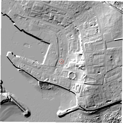 Shaded relief map of the ground around TS240JT, computed from Environment Agency LiDAR. The ground here sits at about 4 m above sea level and falls 17 m across the surrounding 800 m. Surface water reaching this point runs off ground lying to the east, 10.2 m higher.