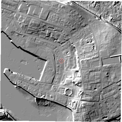 Shaded relief map of the ground around TS240JX, computed from Environment Agency LiDAR. The ground here sits at about 4 m above sea level and falls 17 m across the surrounding 800 m. Surface water reaching this point runs off ground lying to the east, 9.7 m higher.