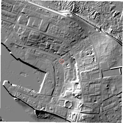 Shaded relief map of the ground around TS240JY, computed from Environment Agency LiDAR. The ground here sits at about 4 m above sea level and falls 17 m across the surrounding 800 m. Surface water reaching this point runs off ground lying to the east-south-east, 9.7 m higher.