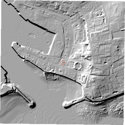 Shaded relief map of the ground around TS240LB, computed from Environment Agency LiDAR. The ground here sits at about 5 m above sea level and falls 17 m across the surrounding 800 m. Surface water reaching this point runs off ground lying to the east-north-east, 10.2 m higher.