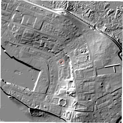Shaded relief map of the ground around TS240LE, computed from Environment Agency LiDAR. The ground here sits at about 5 m above sea level and falls 17 m across the surrounding 800 m. Surface water reaching this point runs off ground lying to the east-south-east, 9.1 m higher.