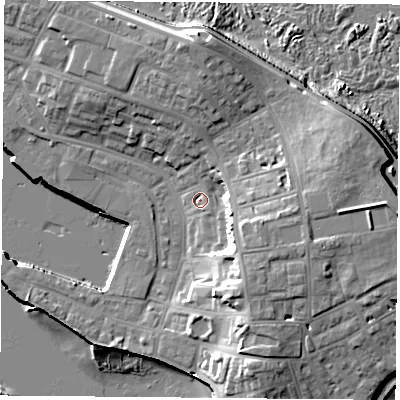 Shaded relief map of the ground around TS240LG, computed from Environment Agency LiDAR. The ground here sits at about 5 m above sea level and falls 17 m across the surrounding 800 m. Surface water reaching this point runs off ground lying to the east, 9.1 m higher.
