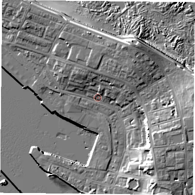 Shaded relief map of the ground around TS240LJ, computed from Environment Agency LiDAR. The ground here sits at about 5 m above sea level and falls 16 m across the surrounding 800 m. Surface water reaching this point runs off ground lying to the north-north-east, 8.4 m higher.