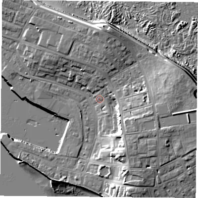 Shaded relief map of the ground around TS240LQ, computed from Environment Agency LiDAR. The ground here sits at about 6 m above sea level and falls 17 m across the surrounding 800 m. Surface water reaching this point runs off ground lying to the east-south-east, 9.1 m higher.