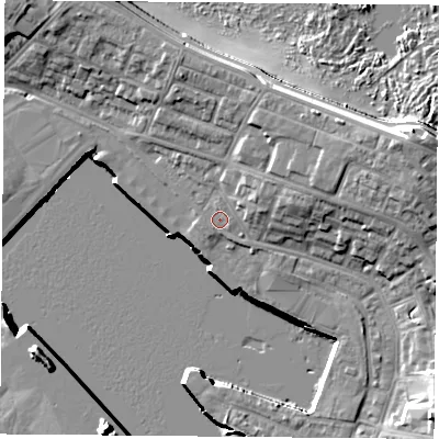 Shaded relief map of the ground around TS240LT, computed from Environment Agency LiDAR. The ground here sits at about 5 m above sea level and falls 16 m across the surrounding 800 m. Surface water reaching this point runs off ground lying to the north, 0.6 m higher.
