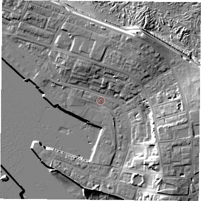 Shaded relief map of the ground around TS240LZ, computed from Environment Agency LiDAR. The ground here sits at about 4 m above sea level and falls 16 m across the surrounding 800 m. Surface water reaching this point runs off ground lying to the north-north-east, 8.4 m higher.