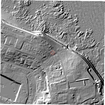 Shaded relief map of the ground around TS240NB, computed from Environment Agency LiDAR. The ground here sits at about 9 m above sea level and falls 18 m across the surrounding 800 m. Surface water reaching this point runs off ground lying to the north-west, 4.1 m higher.
