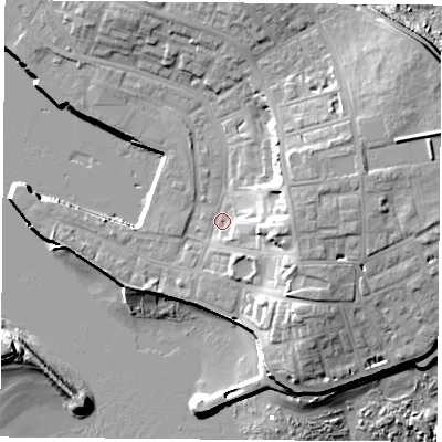Shaded relief map of the ground around TS240NF, computed from Environment Agency LiDAR. The ground here sits at about 4 m above sea level and falls 17 m across the surrounding 800 m. Surface water reaching this point runs off ground lying to the east, 10.2 m higher.