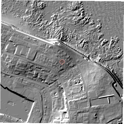 Shaded relief map of the ground around TS240NH, computed from Environment Agency LiDAR. The ground here sits at about 11 m above sea level and falls 17 m across the surrounding 800 m. Surface water reaching this point runs off ground lying to the north-north-west, 2.4 m higher.