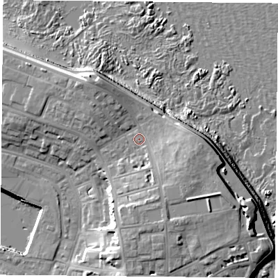 Shaded relief map of the ground around TS240NP, computed from Environment Agency LiDAR. The ground here sits at about 9 m above sea level and falls 18 m across the surrounding 800 m. Surface water reaching this point runs off ground lying to the south, 5.1 m higher.