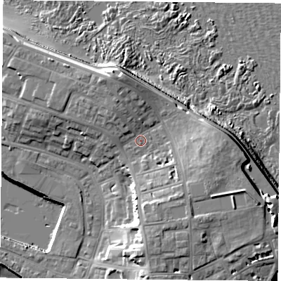 Shaded relief map of the ground around TS240NS, computed from Environment Agency LiDAR. The ground here sits at about 9 m above sea level and falls 18 m across the surrounding 800 m. Surface water reaching this point runs off ground lying to the north-west, 3.3 m higher.