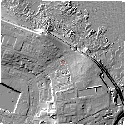 Shaded relief map of the ground around TS240NT, computed from Environment Agency LiDAR. The ground here sits at about 9 m above sea level and falls 18 m across the surrounding 800 m. Surface water reaching this point runs off ground lying to the south, 5.1 m higher.