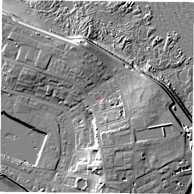 Shaded relief map of the ground around TS240NU, computed from Environment Agency LiDAR. The ground here sits at about 9 m above sea level and falls 18 m across the surrounding 800 m. Surface water reaching this point runs off ground lying to the south-south-east, 5.1 m higher.