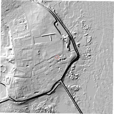 Shaded relief map of the ground around TS240PS, computed from Environment Agency LiDAR. The ground here sits at about 12 m above sea level and falls 17 m across the surrounding 800 m. Surface water reaching this point runs off ground lying to the west-north-west, 1.5 m higher.
