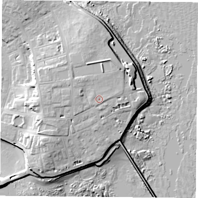 Shaded relief map of the ground around TS240PT, computed from Environment Agency LiDAR. The ground here sits at about 12 m above sea level and falls 17 m across the surrounding 800 m. Surface water reaching this point runs off ground lying to the west-north-west, 0.8 m higher.