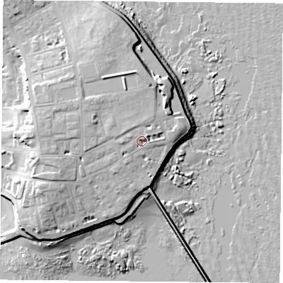 Shaded relief map of the ground around TS240PU, computed from Environment Agency LiDAR. The ground here sits at about 10 m above sea level and falls 17 m across the surrounding 800 m. Surface water reaching this point runs off ground lying to the west-north-west, 2.7 m higher.