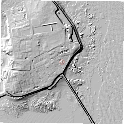 Shaded relief map of the ground around TS240QA, computed from Environment Agency LiDAR. The ground here sits at about 10 m above sea level and falls 17 m across the surrounding 800 m. Surface water reaching this point runs off ground lying to the north-west, 1.5 m higher.