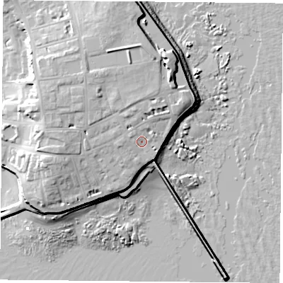 Shaded relief map of the ground around TS240QB, computed from Environment Agency LiDAR. The ground here sits at about 10 m above sea level and falls 17 m across the surrounding 800 m. Surface water reaching this point runs off ground lying to the west-north-west, 1.8 m higher.