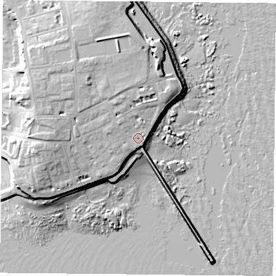 Shaded relief map of the ground around TS240QD, computed from Environment Agency LiDAR. The ground here sits at about 10 m above sea level and falls 17 m across the surrounding 800 m. Surface water reaching this point runs off ground lying to the north-west, 8.4 m higher.