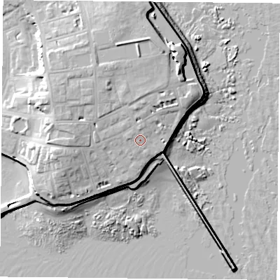Shaded relief map of the ground around TS240QE, computed from Environment Agency LiDAR. The ground here sits at about 10 m above sea level and falls 17 m across the surrounding 800 m. Surface water reaching this point runs off ground lying to the north, 1.7 m higher.