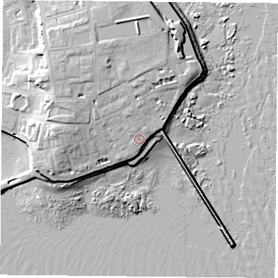 Shaded relief map of the ground around TS240QG, computed from Environment Agency LiDAR. The ground here sits at about 9 m above sea level and falls 17 m across the surrounding 800 m. Surface water reaching this point runs off ground lying to the north-west, 9.0 m higher.