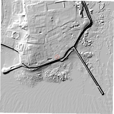 Shaded relief map of the ground around TS240QH, computed from Environment Agency LiDAR. The ground here sits at about 9 m above sea level and falls 17 m across the surrounding 800 m. Surface water reaching this point runs off ground lying to the north-west, 4.7 m higher.