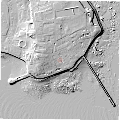 Shaded relief map of the ground around TS240QJ, computed from Environment Agency LiDAR. The ground here sits at about 10 m above sea level and falls 17 m across the surrounding 800 m. Surface water reaching this point runs off ground lying to the north-west, 4.6 m higher.