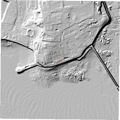 Shaded relief map of the ground around TS240QL, computed from Environment Agency LiDAR. The ground here sits at about 9 m above sea level and falls 18 m across the surrounding 800 m. Surface water reaching this point runs off ground lying to the north-west, 5.3 m higher.