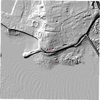 Shaded relief map of the ground around TS240QR, computed from Environment Agency LiDAR. The ground here sits at about 9 m above sea level and falls 18 m across the surrounding 800 m. Surface water reaching this point runs off ground lying to the north-north-west, 3.9 m higher.