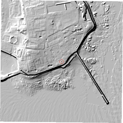 Shaded relief map of the ground around TS240QZ, computed from Environment Agency LiDAR. The ground here sits at about 9 m above sea level and falls 17 m across the surrounding 800 m. Surface water reaching this point runs off ground lying to the north-north-west, 2.5 m higher.