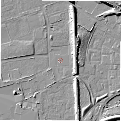 Shaded relief map of the ground around TS240RE, computed from Environment Agency LiDAR. The ground here sits at about 4 m above sea level and falls 16 m across the surrounding 800 m. Surface water reaching this point runs off ground lying to the east-north-east, 9.1 m higher.