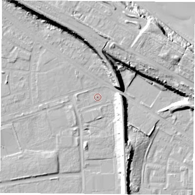 Shaded relief map of the ground around TS240RG, computed from Environment Agency LiDAR. The ground here sits at about 4 m above sea level and falls 21 m across the surrounding 800 m. Surface water reaching this point runs off ground lying to the south-west, 1.1 m higher.