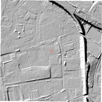 Shaded relief map of the ground around TS240RH, computed from Environment Agency LiDAR. The ground here sits at about 4 m above sea level and falls 17 m across the surrounding 800 m. The ground contributing surface water to this point lies to the west-north-west.