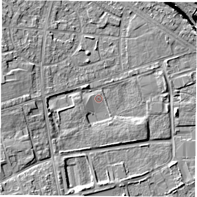 Shaded relief map of the ground around TS240RP, computed from Environment Agency LiDAR. The ground here sits at about 5 m above sea level and falls 16 m across the surrounding 800 m. Surface water reaching this point runs off ground lying to the west-south-west, 1.9 m higher.