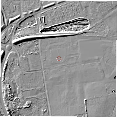 Shaded relief map of the ground around TS240RQ, computed from Environment Agency LiDAR. The ground here sits at about 4 m above sea level and falls 10 m across the surrounding 800 m. The ground contributing surface water to this point lies to the south-east.